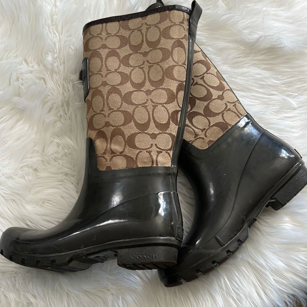 Coach Womens Brown Beige Logo Lace-Up Round Toe Rain Boots Size 6B